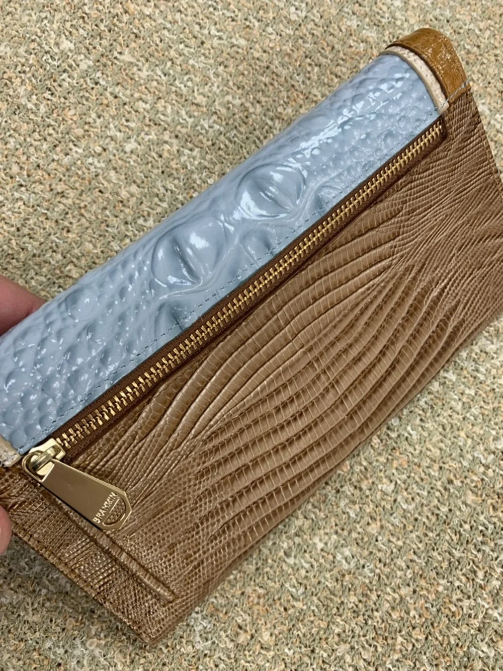 Brahmin Glossy Croc-Embossed Clutch in Light Blue & Brown